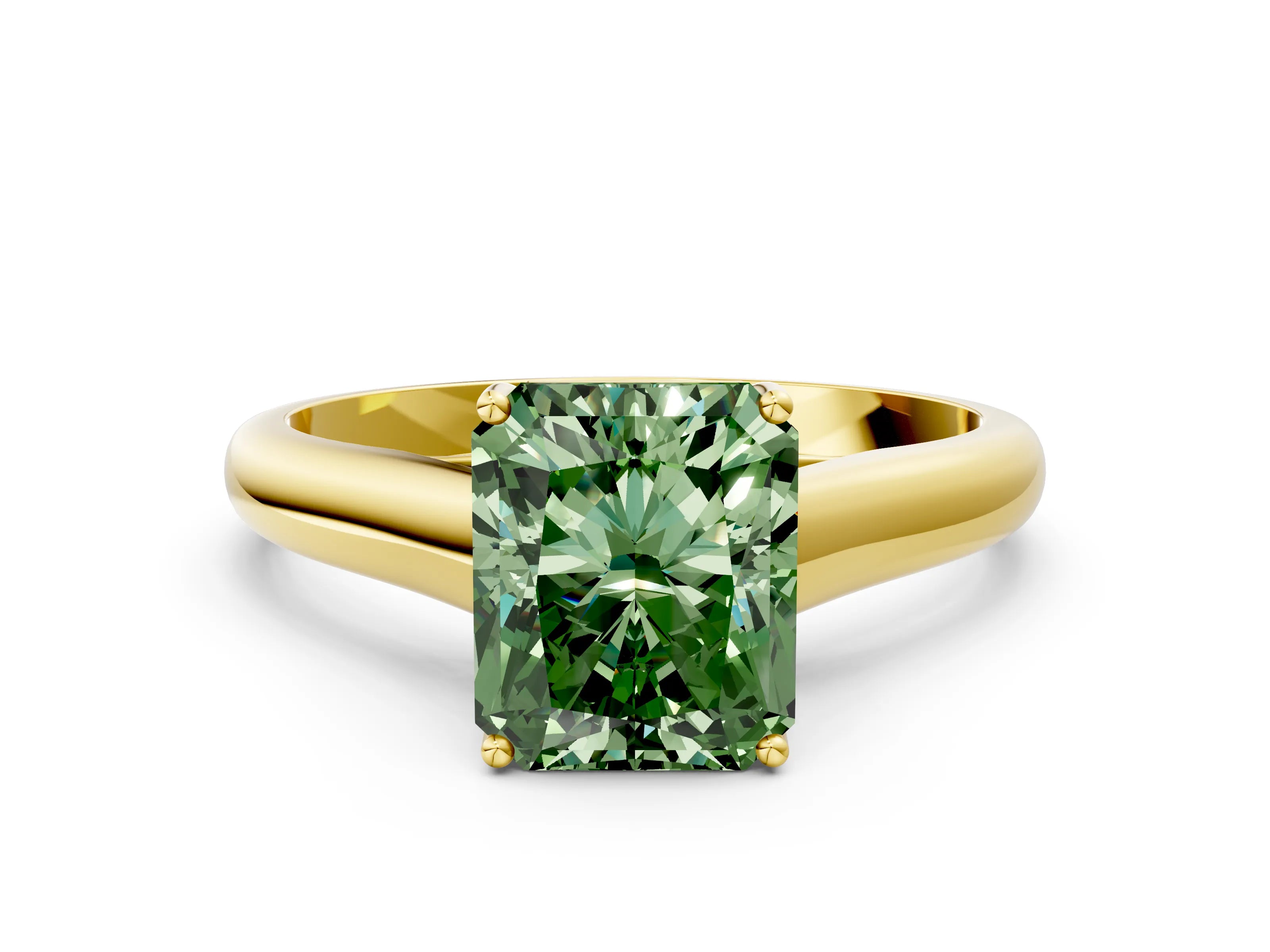 Yellow gold Fancy Green Radiant Cut Cut Diamond Solitaire Engagement Ring with Tapered Plain Band and Four-Prong Setting