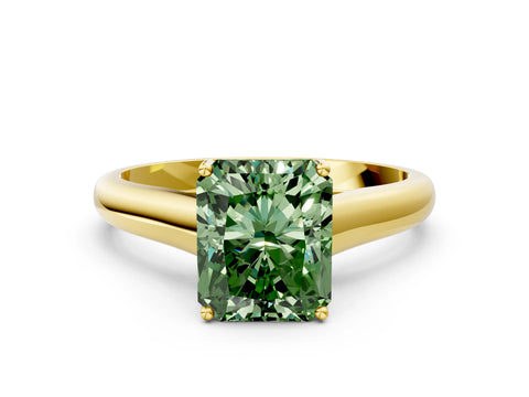 Yellow gold Fancy Green Radiant Cut Cut Diamond Solitaire Engagement Ring with Tapered Plain Band and Four-Prong Setting