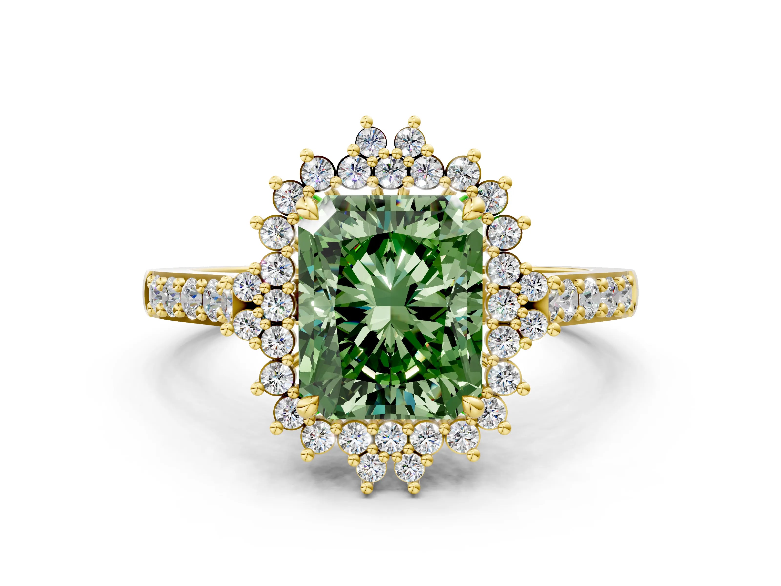 Yellow gold Fancy Green Radiant Cut Cut Diamond Sunburst Halo Engagement Ring with Pavé Band