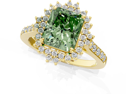 Yellow gold Fancy Green Radiant Cut Cut Diamond Sunburst Halo Engagement Ring with Pavé Band_1