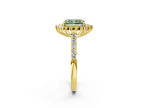 Yellow gold Fancy Green Radiant Cut Cut Diamond Sunburst Halo Engagement Ring with Pavé Band_2