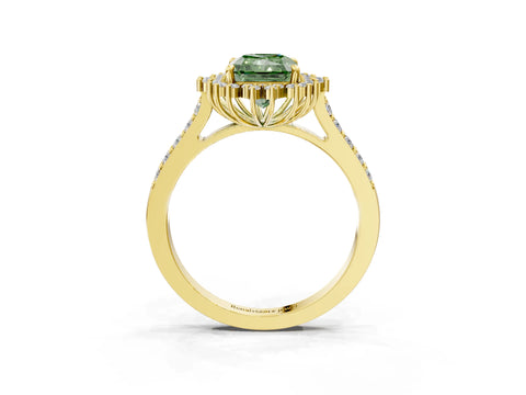 Yellow gold Fancy Green Radiant Cut Cut Diamond Sunburst Halo Engagement Ring with Pavé Band_3