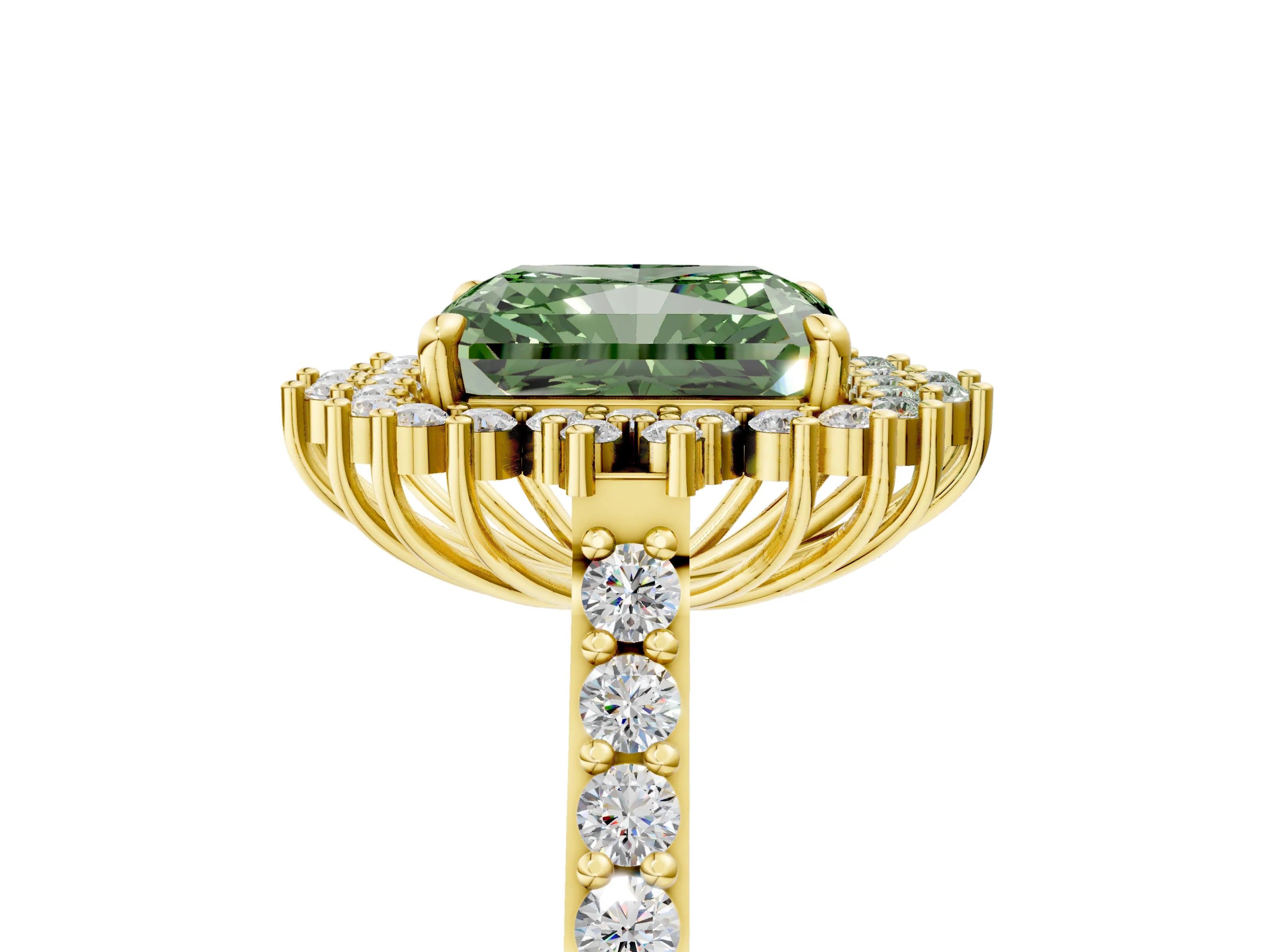 Yellow gold Fancy Green Radiant Cut Cut Diamond Sunburst Halo Engagement Ring with Pavé Band_5