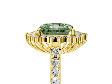 Yellow gold Fancy Green Radiant Cut Cut Diamond Sunburst Halo Engagement Ring with Pavé Band_5