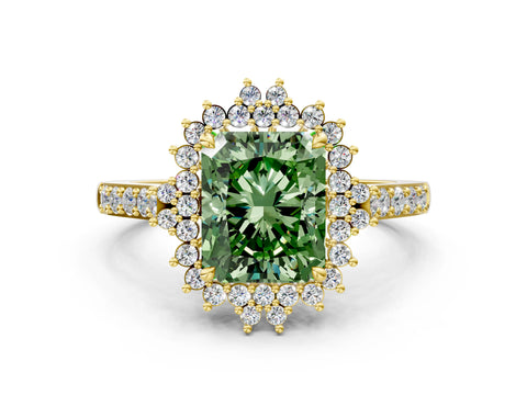 Yellow gold Fancy Green Radiant Cut Cut Diamond Sunburst Halo Engagement Ring with Pavé Band