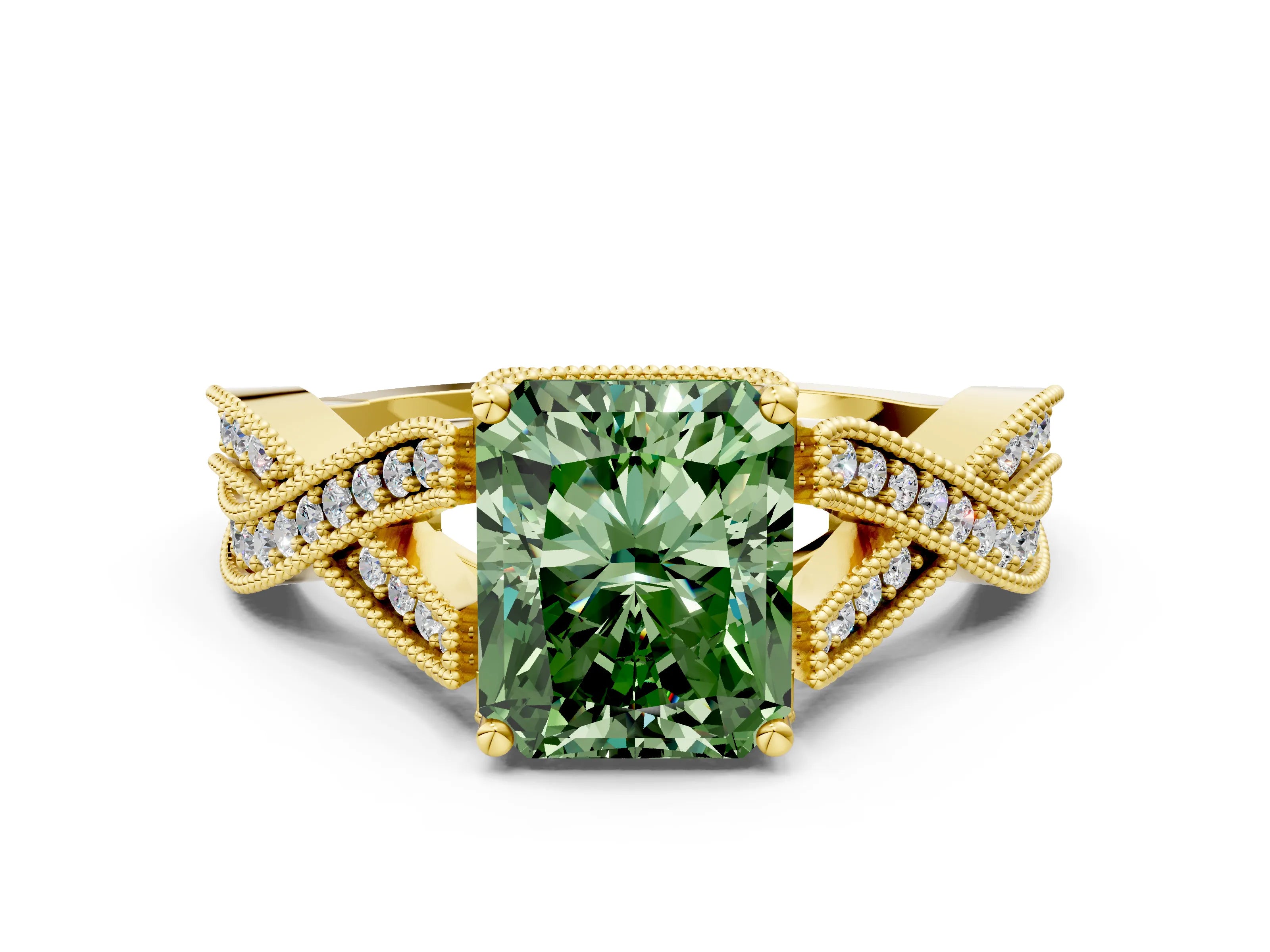 Yellow gold Fancy Green Radiant Cut Cut Diamond Twisted Band with Milgrain Pave Setting and Four-Prong Setting