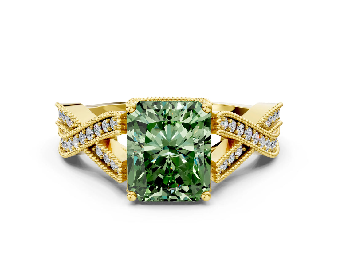 Yellow gold Fancy Green Radiant Cut Cut Diamond Twisted Band with Milgrain Pave Setting and Four-Prong Setting