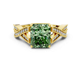 Yellow gold Fancy Green Radiant Cut Cut Diamond Twisted Band with Milgrain Pave Setting and Four-Prong Setting