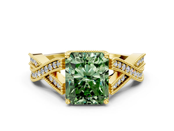 Yellow gold Fancy Green Radiant Cut Cut Diamond Twisted Band with Milgrain Pave Setting and Four-Prong Setting