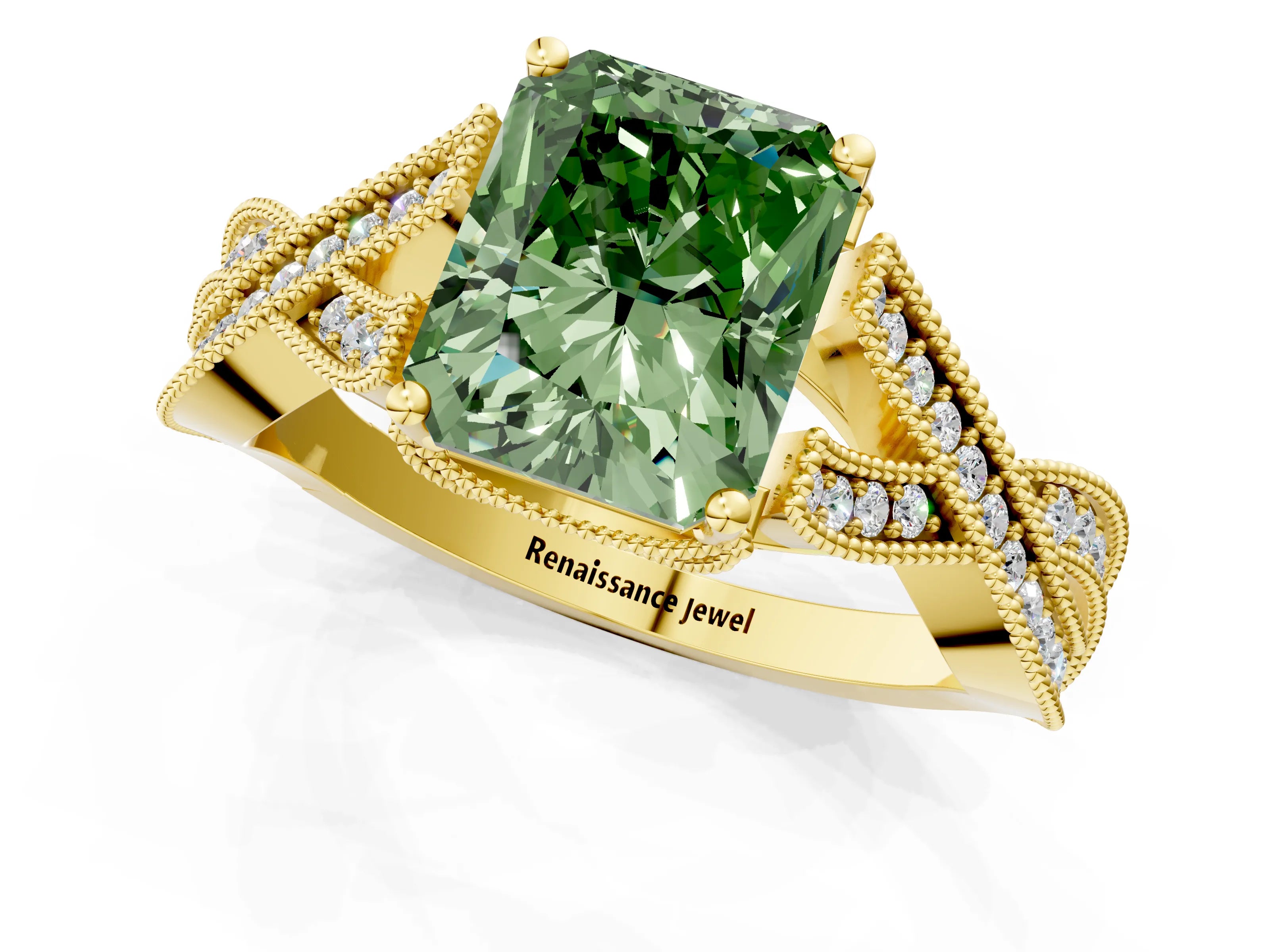 Yellow gold Fancy Green Radiant Cut Cut Diamond Twisted Band with Milgrain Pave Setting and Four-Prong Setting_1