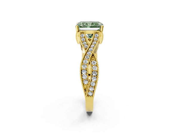 Yellow gold Fancy Green Radiant Cut Cut Diamond Twisted Band with Milgrain Pave Setting and Four-Prong Setting