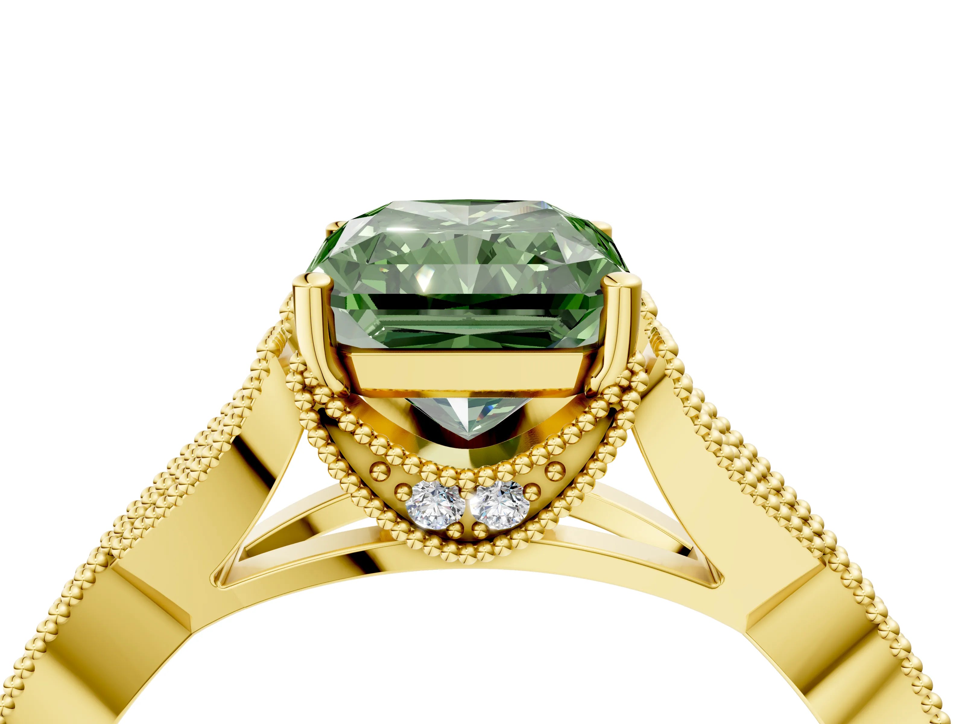 Yellow gold Fancy Green Radiant Cut Cut Diamond Twisted Band with Milgrain Pave Setting and Four-Prong Setting_4
