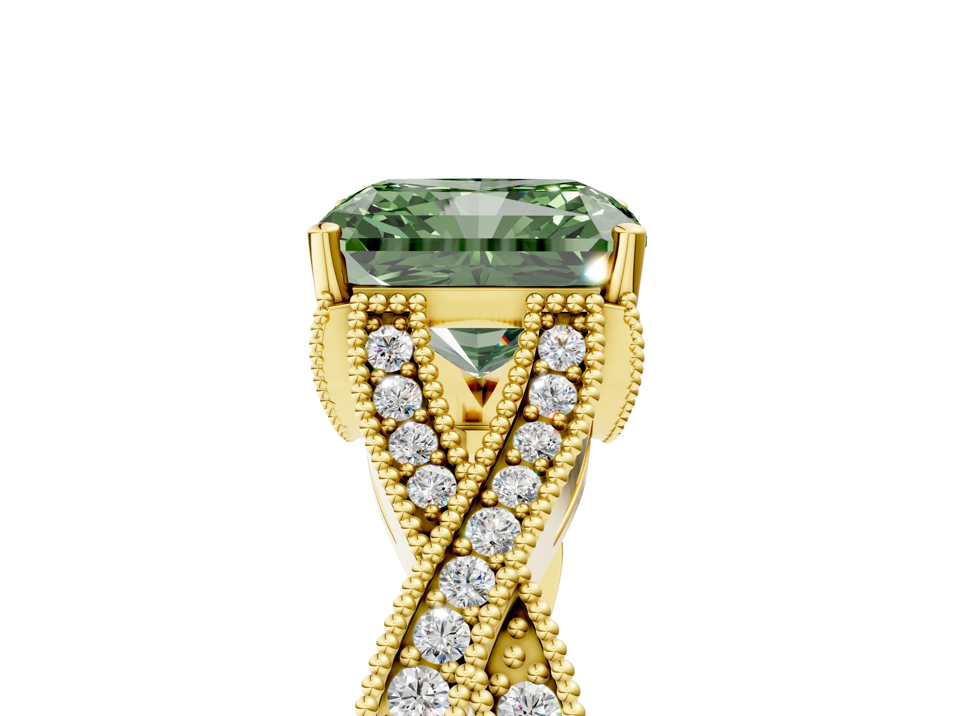 Yellow gold Fancy Green Radiant Cut Cut Diamond Twisted Band with Milgrain Pave Setting and Four-Prong Setting_5