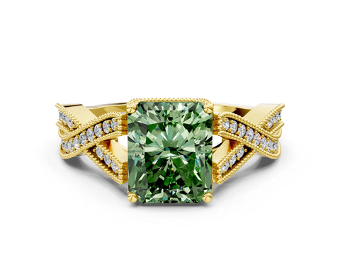 Yellow gold Fancy Green Radiant Cut Cut Diamond Twisted Band with Milgrain Pave Setting and Four-Prong Setting