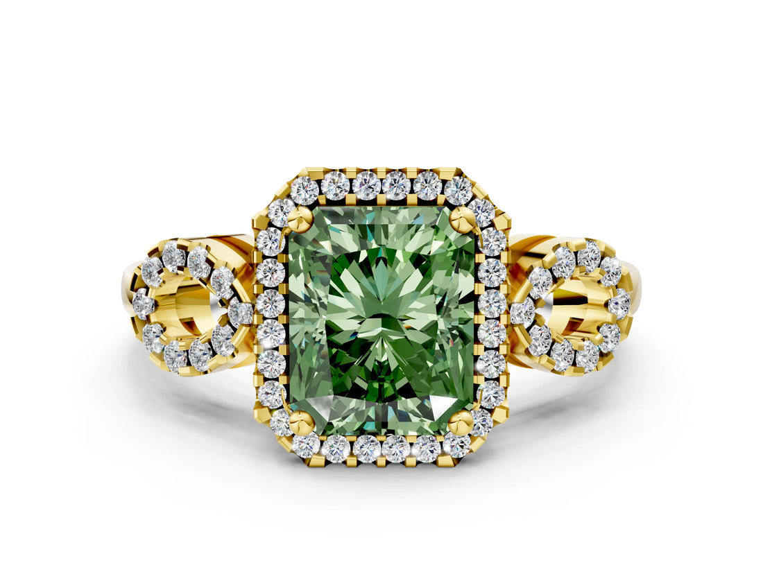 Yellow gold Fancy Green Radiant Cut Cut Halo Diamond Infinity Band with Four-Prong Setting