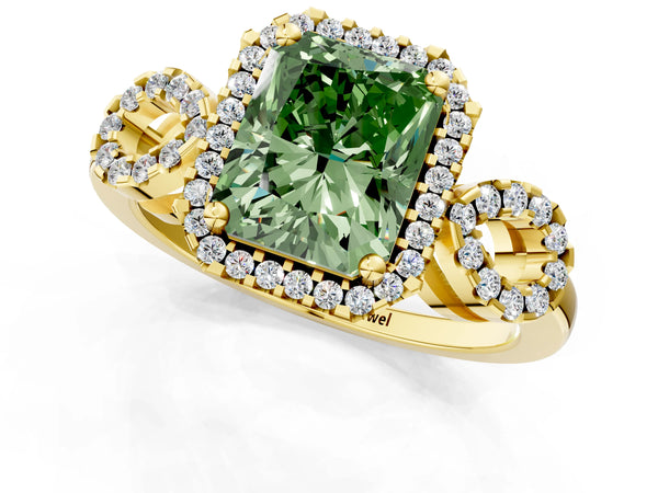 Yellow Gold Radiant Cut Pave Infinity Halo Engagement Ring Setting for Fancy Green Center