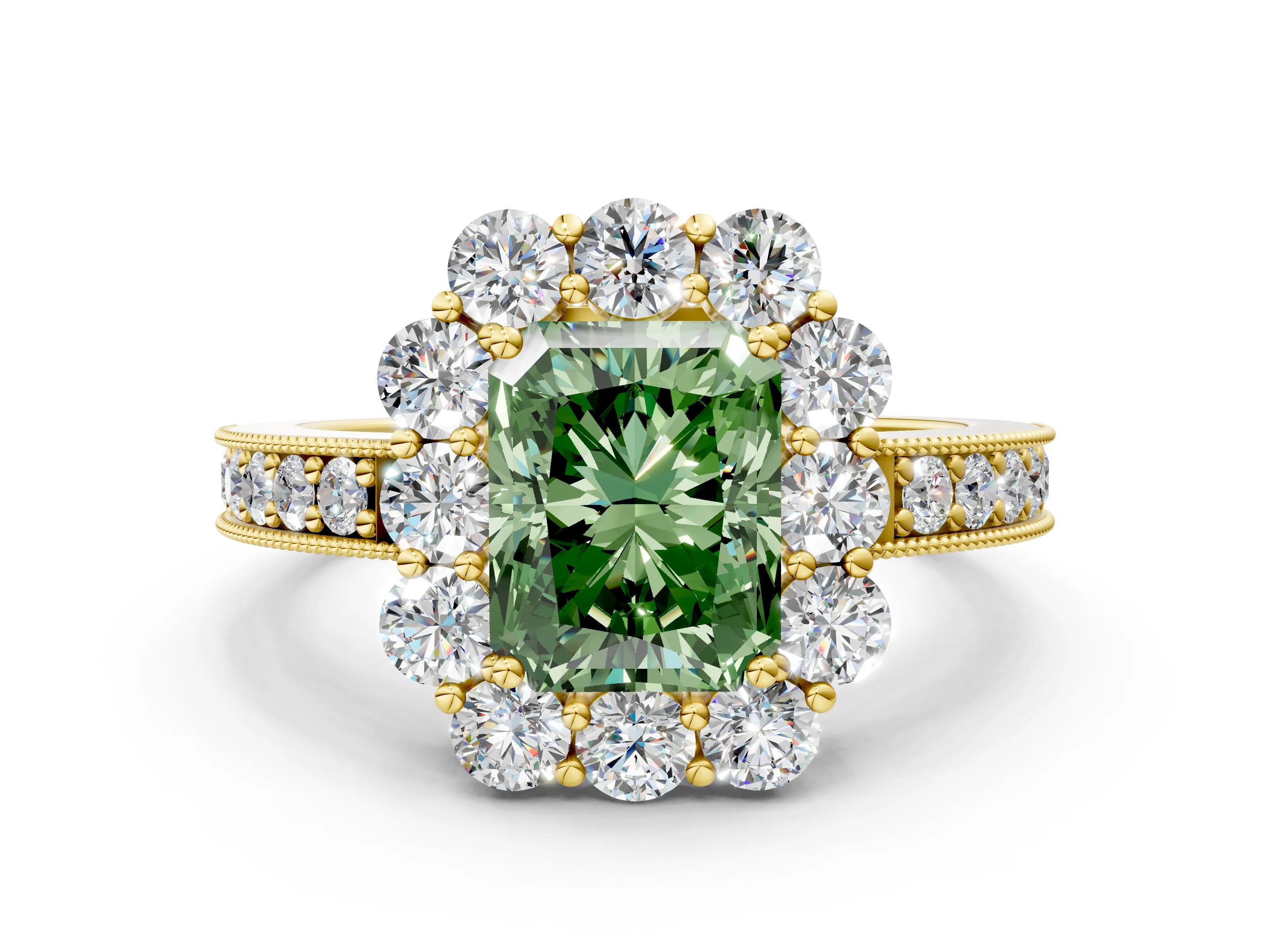 Yellow gold Fancy Green Radiant Cut Cut Halo Diamond Pavé Engagement Ring with Milgrain Detailing