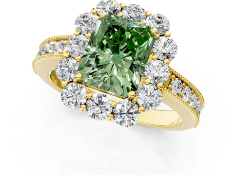 Yellow gold Fancy Green Radiant Cut Cut Halo Diamond Pavé Engagement Ring with Milgrain Detailing_1