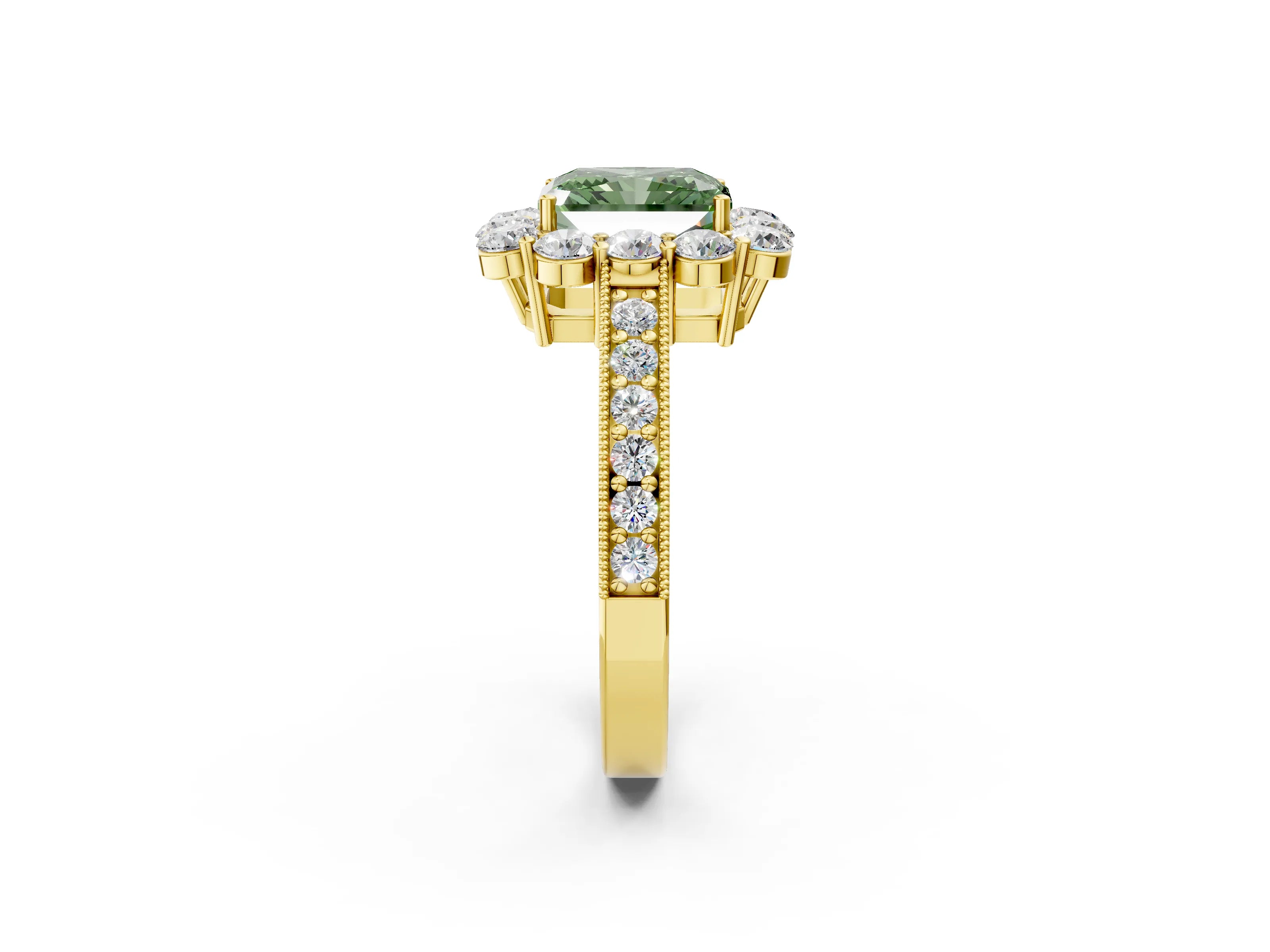 Yellow gold Fancy Green Radiant Cut Cut Halo Diamond Pavé Engagement Ring with Milgrain Detailing_2