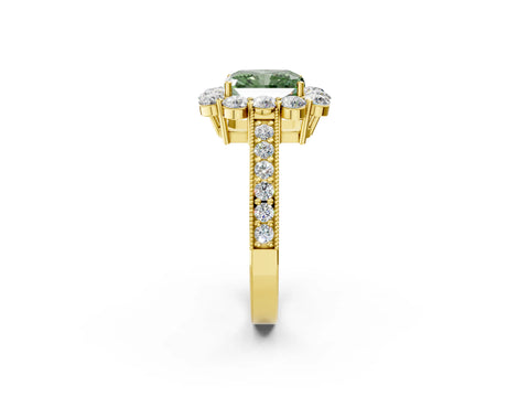 Yellow gold Fancy Green Radiant Cut Cut Halo Diamond Pavé Engagement Ring with Milgrain Detailing_2