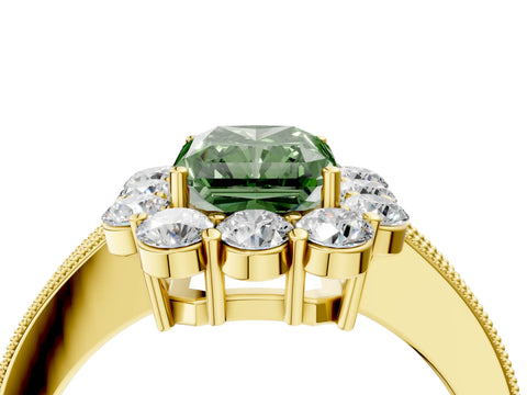 Yellow gold Fancy Green Radiant Cut Cut Halo Diamond Pavé Engagement Ring with Milgrain Detailing_4