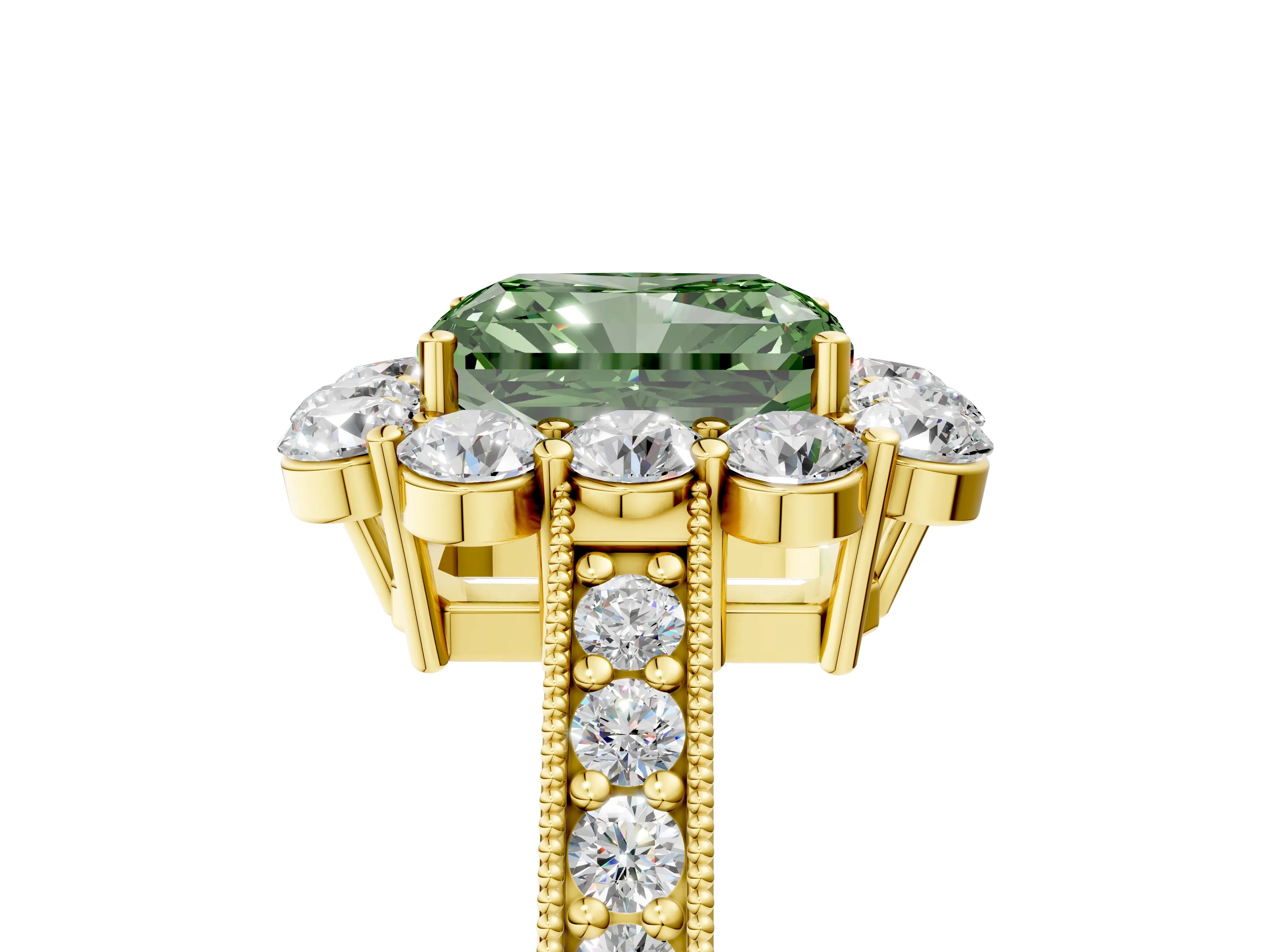 Yellow gold Fancy Green Radiant Cut Cut Halo Diamond Pavé Engagement Ring with Milgrain Detailing_5