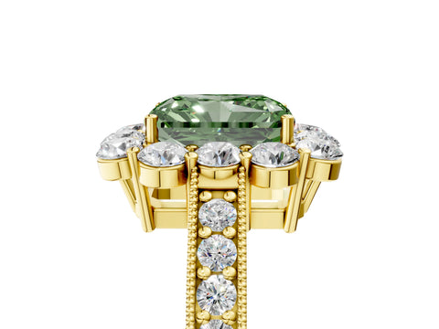 Yellow gold Fancy Green Radiant Cut Cut Halo Diamond Pavé Engagement Ring with Milgrain Detailing_5