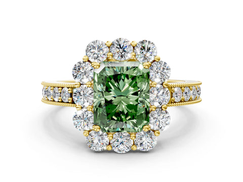 Yellow gold Fancy Green Radiant Cut Cut Halo Diamond Pavé Engagement Ring with Milgrain Detailing