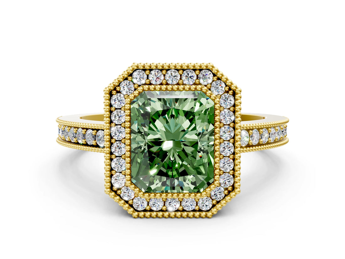 Yellow gold Fancy Green Radiant Cut Cut Halo Pavé Diamond Ring