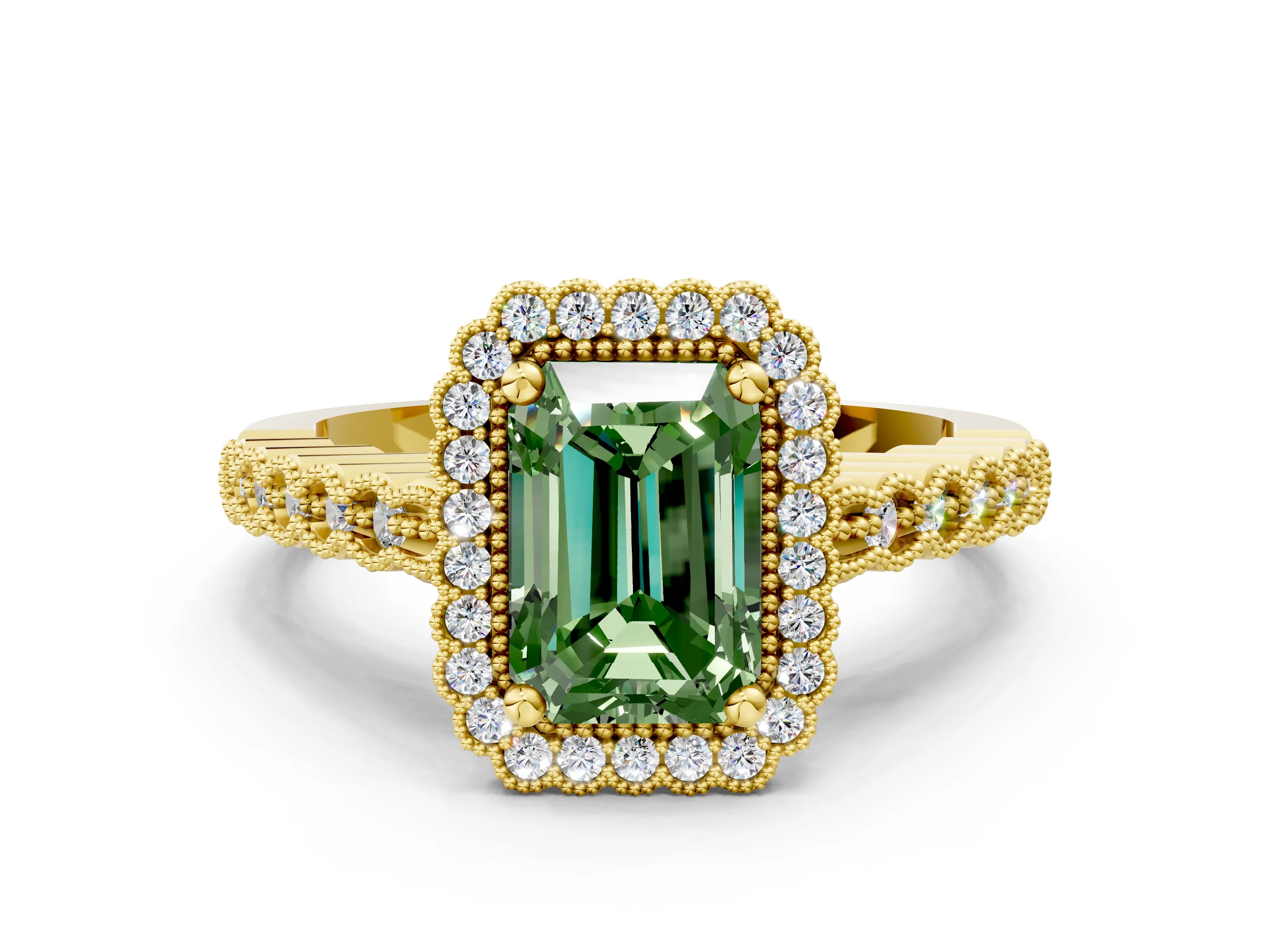 Yellow gold Fancy Green Radiant Cut Cut Halo Pavé Solitaire Ring with Milgrain Band