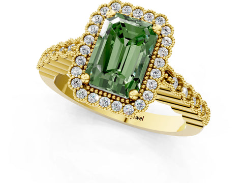 Yellow gold Fancy Green Radiant Cut Cut Halo Pavé Solitaire Ring with Milgrain Band_1