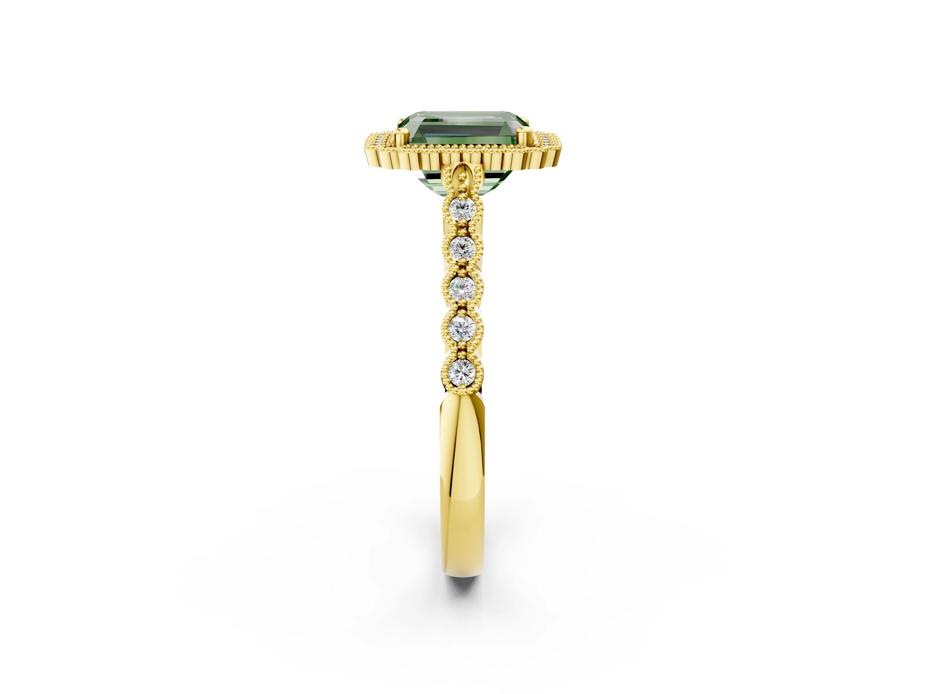 Yellow gold Fancy Green Radiant Cut Cut Halo Pavé Solitaire Ring with Milgrain Band_2