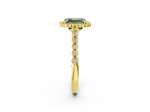 Yellow gold Fancy Green Radiant Cut Cut Halo Pavé Solitaire Ring with Milgrain Band_2