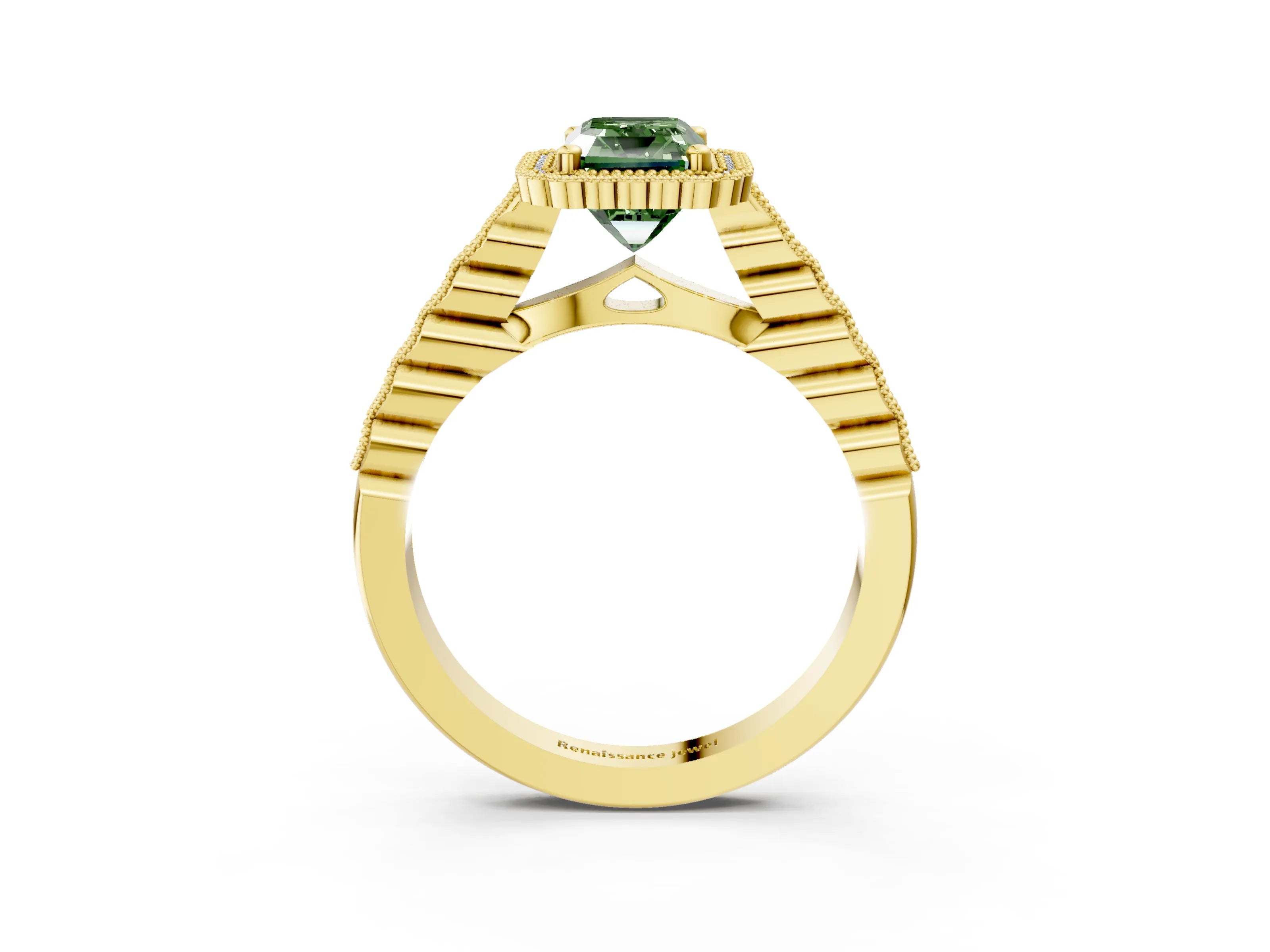 Yellow gold Fancy Green Radiant Cut Cut Halo Pavé Solitaire Ring with Milgrain Band_3