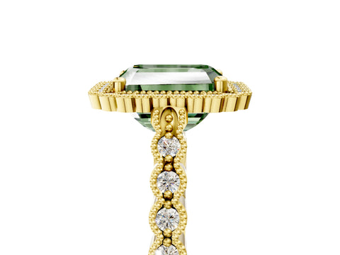 Yellow gold Fancy Green Radiant Cut Cut Halo Pavé Solitaire Ring with Milgrain Band_5