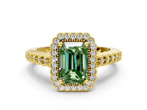 Yellow gold Fancy Green Radiant Cut Cut Halo Pavé Solitaire Ring with Milgrain Band