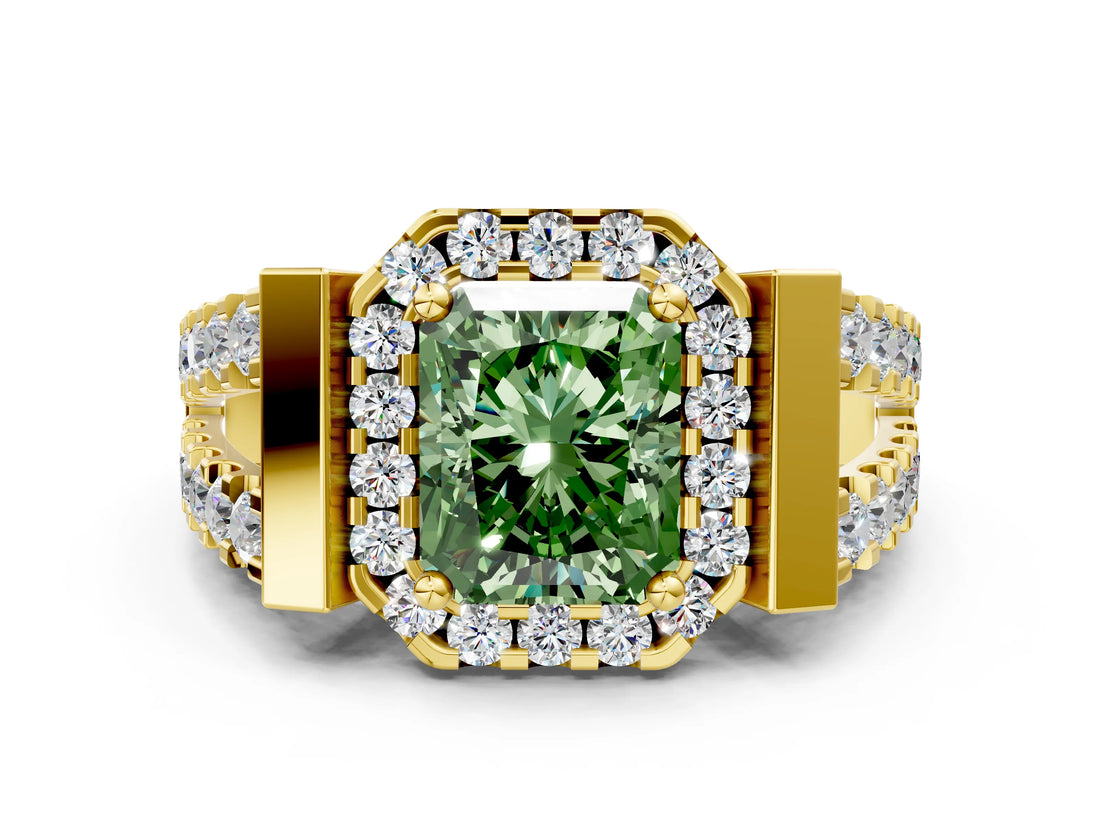 Yellow gold Fancy Green Radiant Cut Cut Halo Split Shank Prong Set Ring