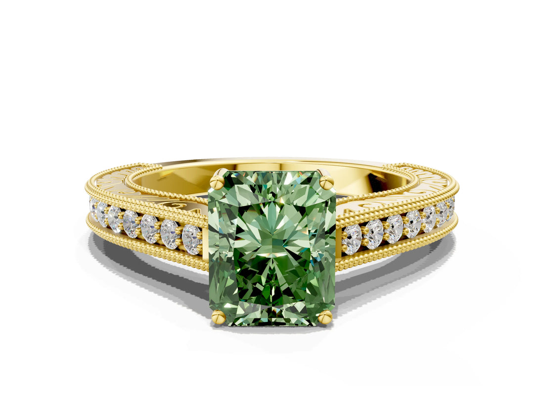 Yellow gold Fancy Green Radiant Cut Cut Pave Band Milgrain Solitaire Ring_11