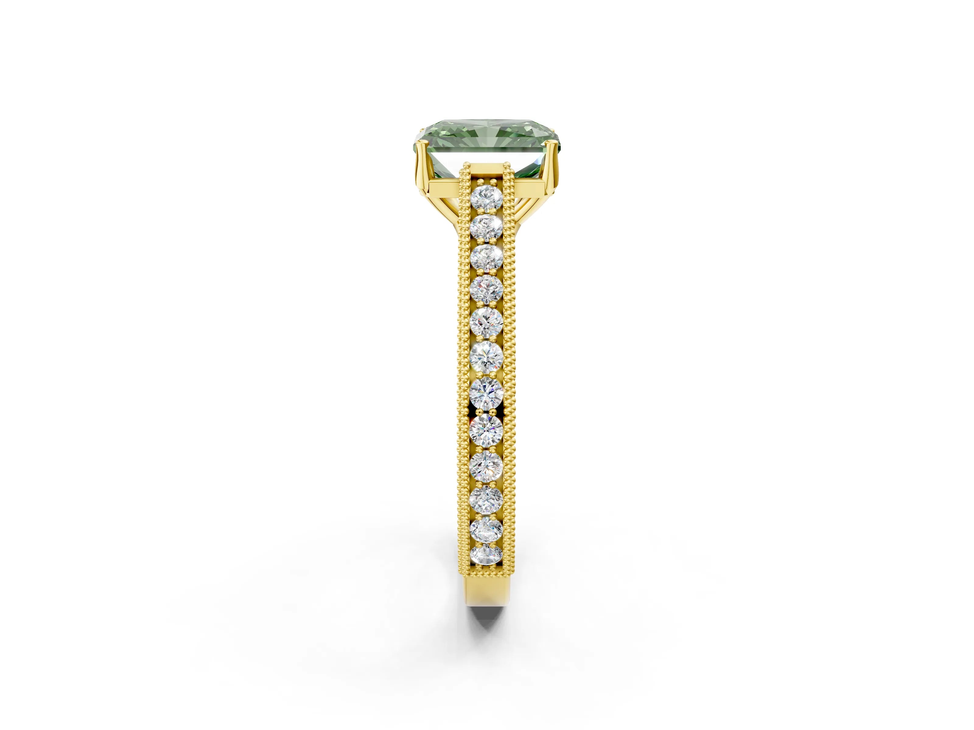Yellow gold Fancy Green Radiant Cut Cut Pave Band Milgrain Solitaire Ring_13