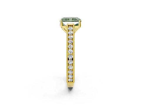 Yellow gold Fancy Green Radiant Cut Cut Pave Band Milgrain Solitaire Ring_13