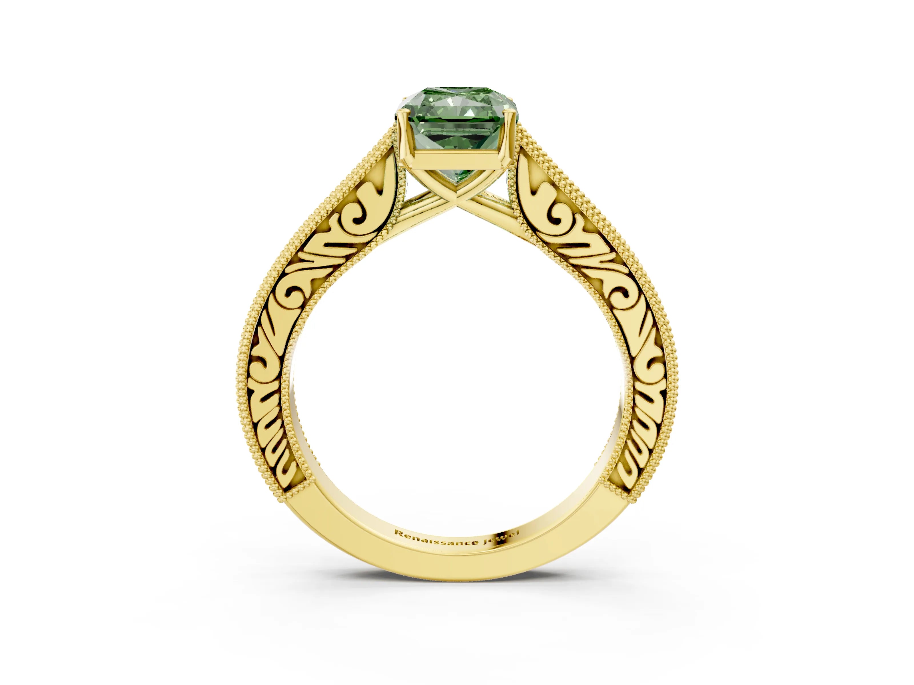 Yellow gold Fancy Green Radiant Cut Cut Pave Band Milgrain Solitaire Ring_14