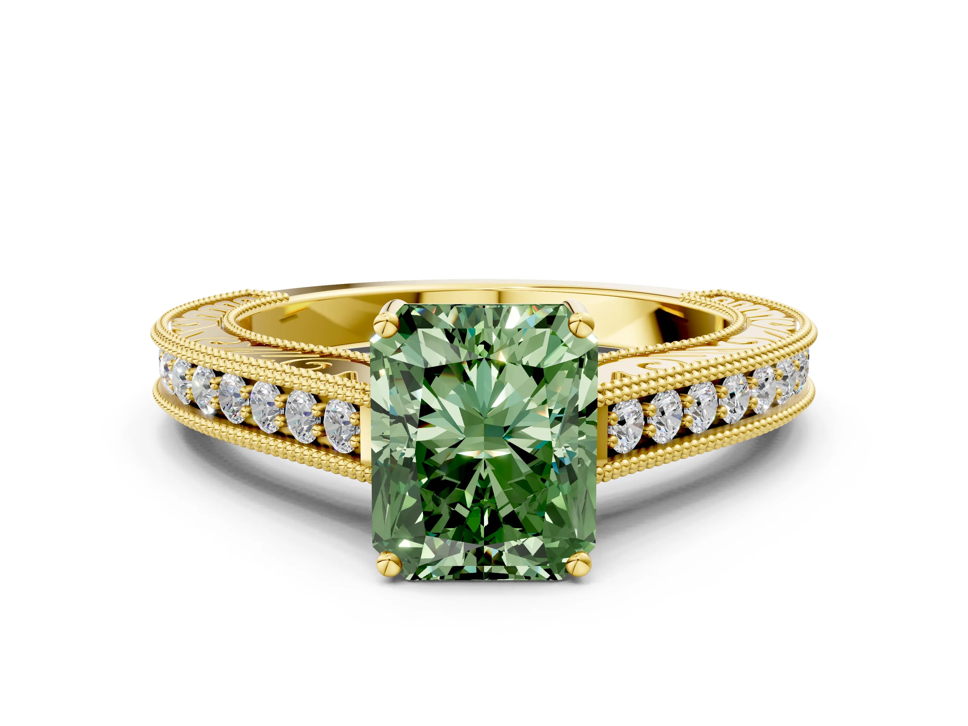 Yellow gold Fancy Green Radiant Cut Cut Pave Band Milgrain Solitaire Ring_23