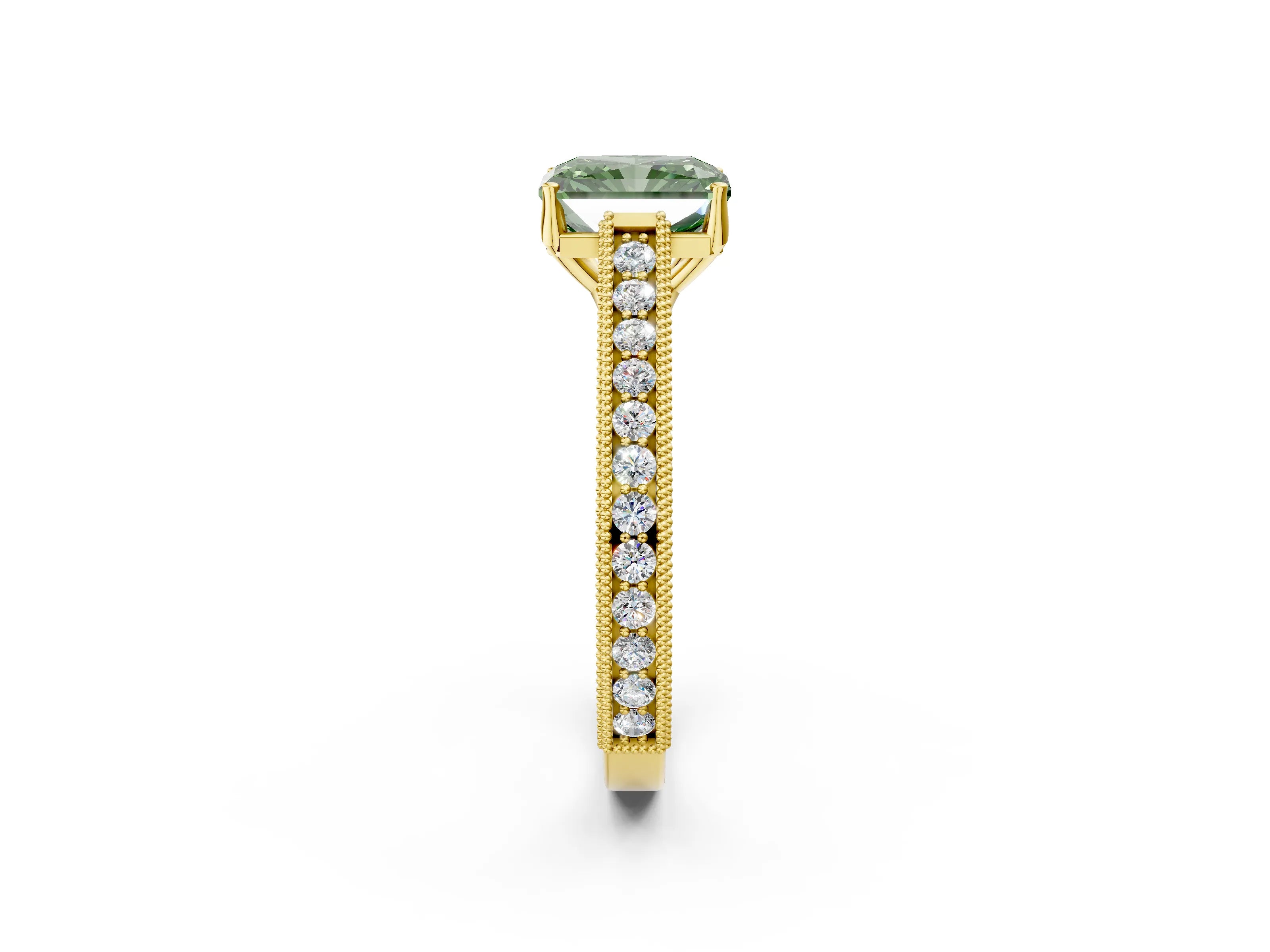 Yellow gold Fancy Green Radiant Cut Cut Pave Band Milgrain Solitaire Ring_25