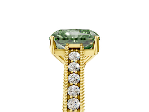Yellow gold Fancy Green Radiant Cut Cut Pave Band Milgrain Solitaire Ring_5