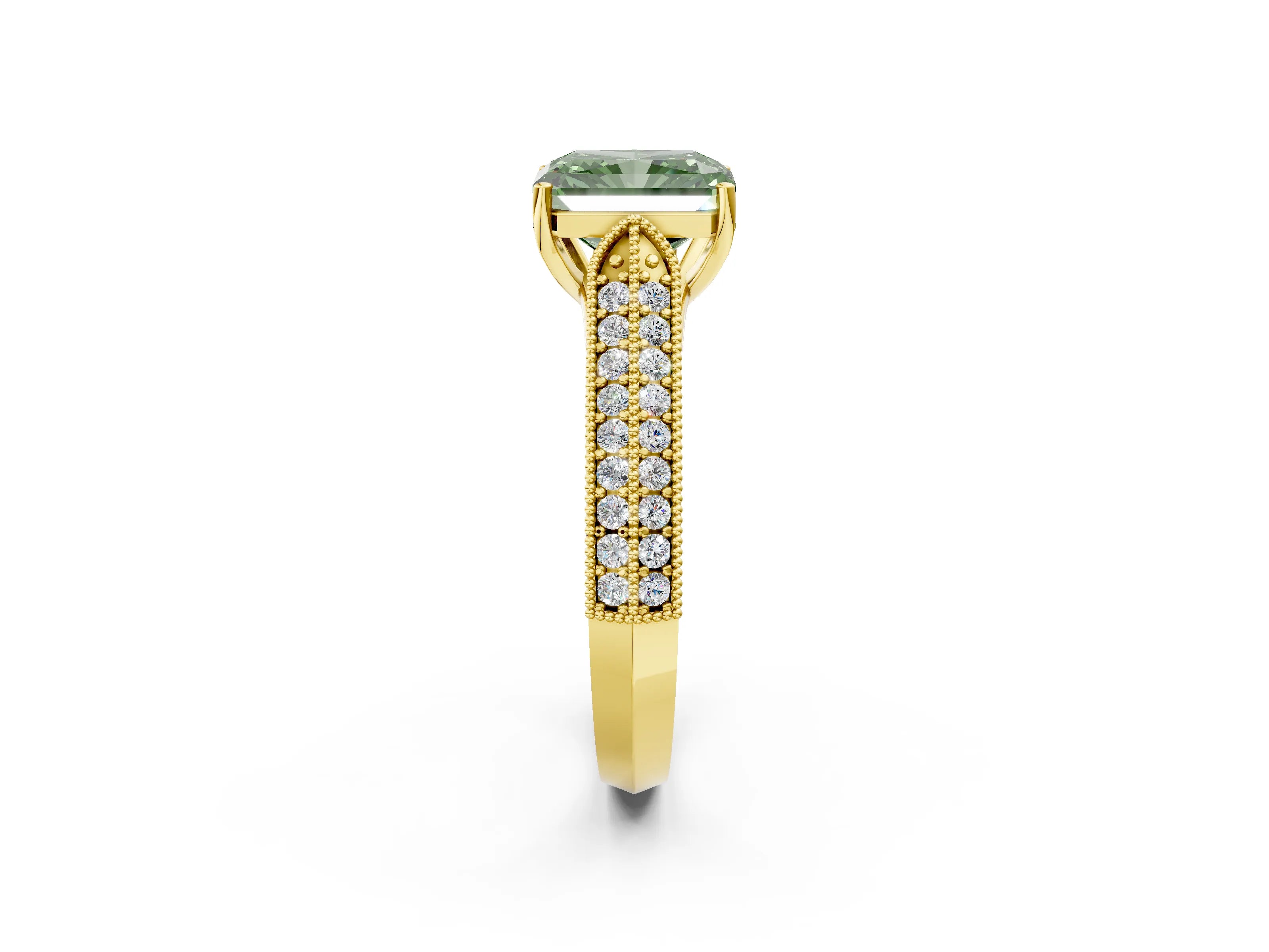 Yellow gold Fancy Green Radiant Cut Cut Pave Split Shank Engagement Ring with Four-Prong Setting_2