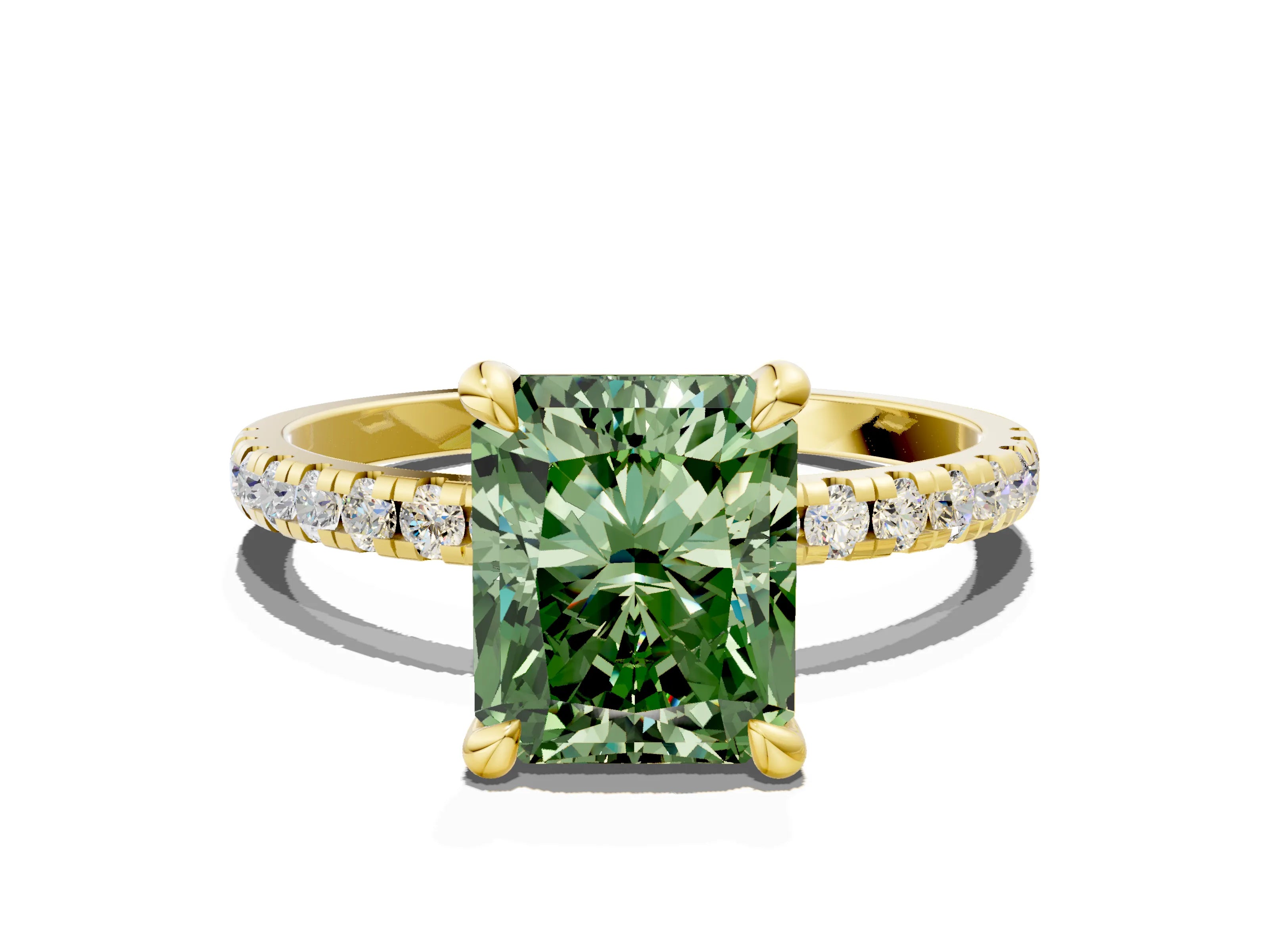 Yellow gold Fancy Green Radiant Cut Diamond Brilliant Solitaire Ring with Pavé Band and Four-Prong Setting