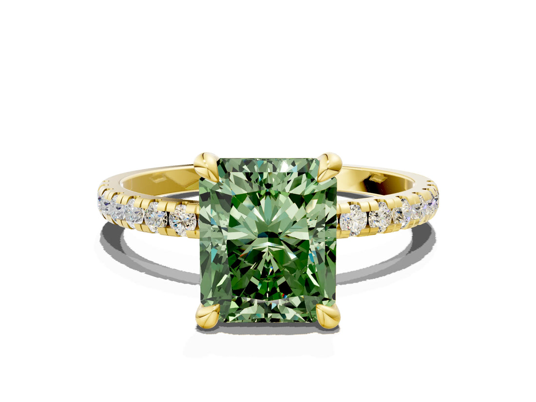 Yellow gold Fancy Green Radiant Cut Diamond Brilliant Solitaire Ring with Pavé Band and Four-Prong Setting