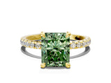 Yellow gold Fancy Green Radiant Cut Diamond Brilliant Solitaire Ring with Pavé Band and Four-Prong Setting
