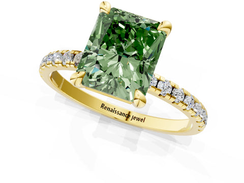 Yellow gold Fancy Green Radiant Cut Diamond Brilliant Solitaire Ring with Pavé Band and Four-Prong Setting_1