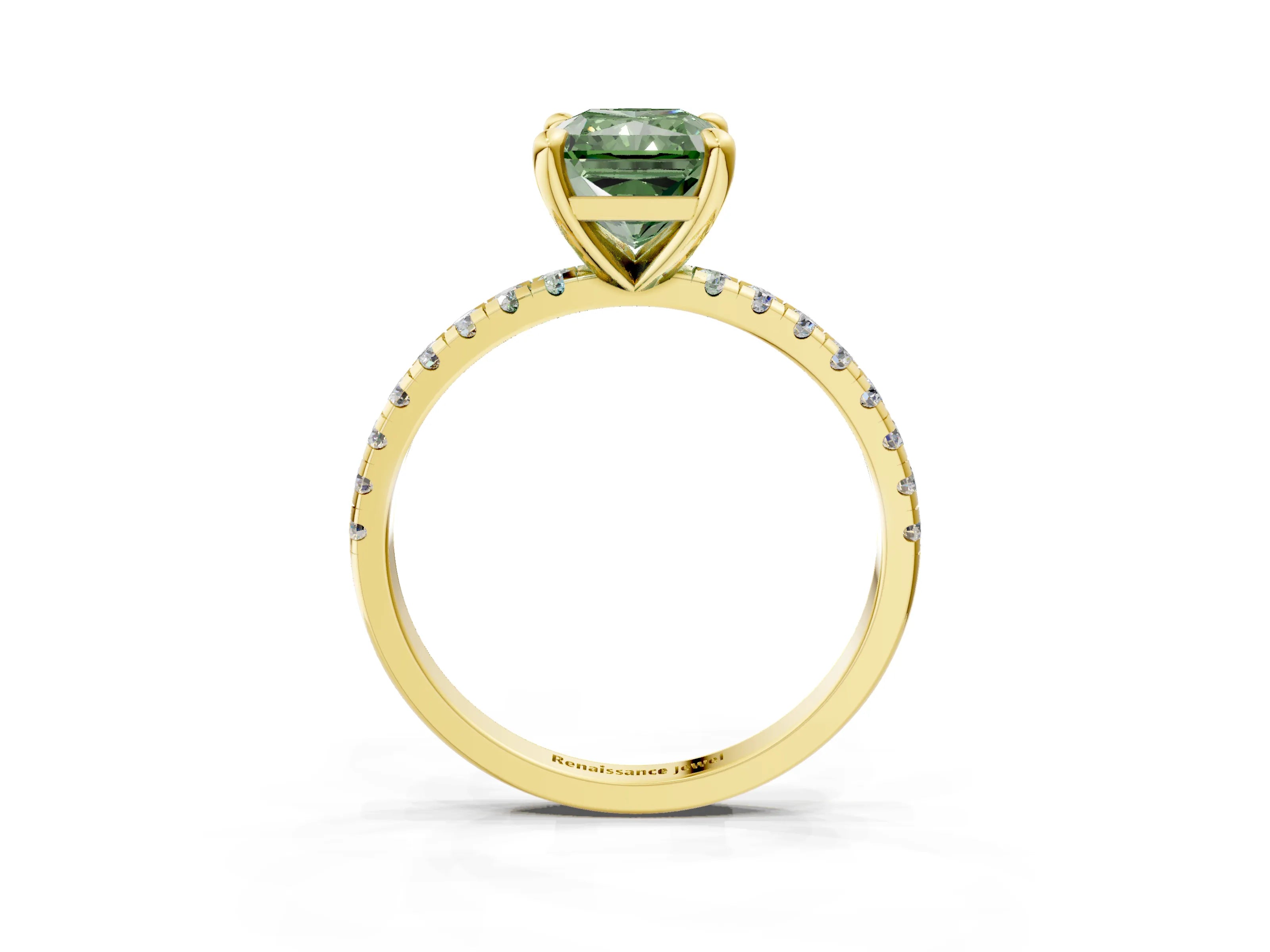 Yellow gold Fancy Green Radiant Cut Diamond Brilliant Solitaire Ring with Pavé Band and Four-Prong Setting_3